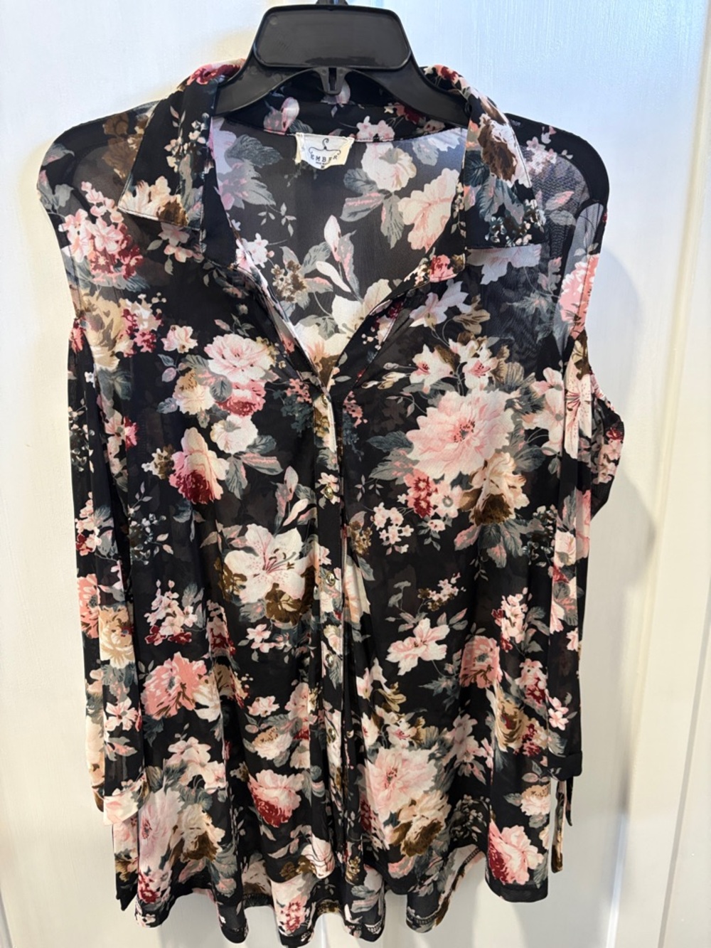 Ember Black Sheer Floral Button-Up Blouse with Pink Blooms